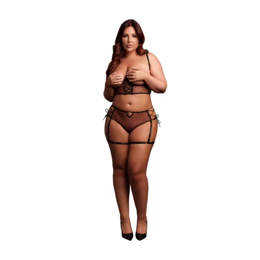 2-delige Zwarte Lingerieset met Beugel BH en Vetersluiting Slip- Plus Size