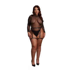 Glinsterende Open-Rug Bodysuit met PU Leren Jarretels - Plus Size