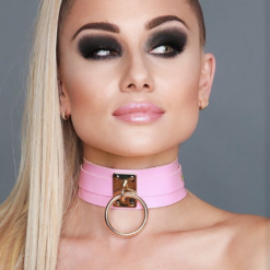 Kinky Diva – Lederen Collar Met O-Ring - Roze / Goud