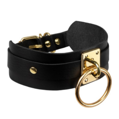 Kinky Diva – Lederen Collar Met O-Ring - Zwart en Goud