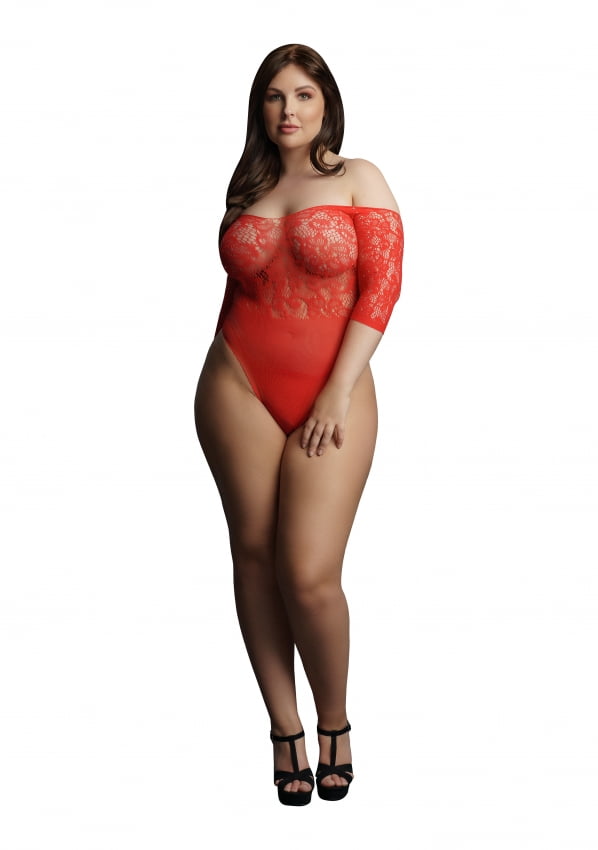Le Desir - Strass Steen Off shoulder Body Plus Size - Rood