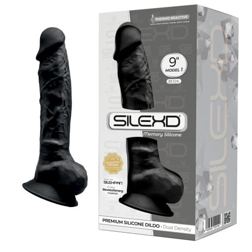 SILEXD - Dual Density siliconen Zwart dildo met balzak - 23 cm