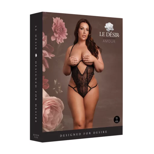 Zwarte Kant Bodysuit met Beugel en Open Cups - Plus Size
