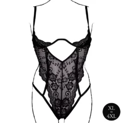 Zwarte Kant Bodysuit met Beugel en Open Cups - Plus Size