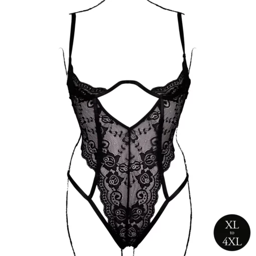 Zwarte Kant Bodysuit met Beugel en Open Cups - Plus Size