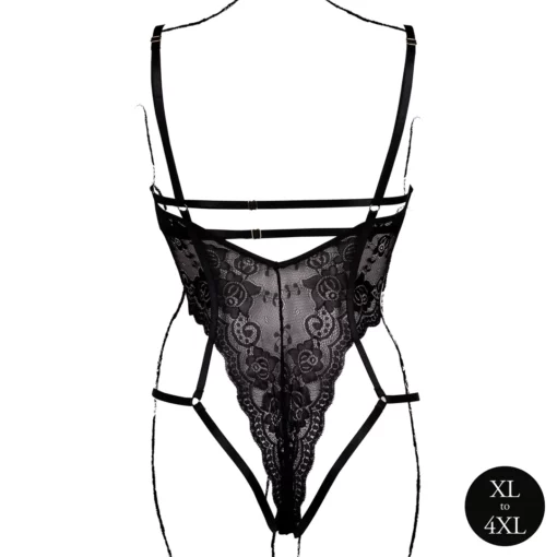 Zwarte Kant Bodysuit met Beugel en Open Cups - Plus Size