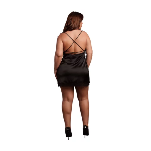 Zwarte Zijden Open Back Jurk met Criss-Cross Details en Split - Plus Size