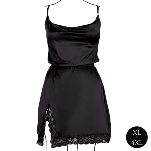 Zwarte Zijden Open Back Jurk met Criss-Cross Details en Split - Plus Size