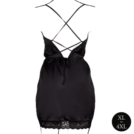 Zwarte Zijden Open Back Jurk met Criss-Cross Details en Split - Plus Size